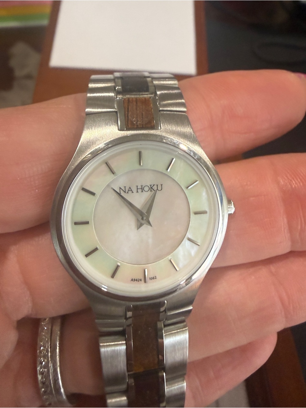 Na Hoku Silver and Brown Stainless Steel Watch with Mother-of-Pearl Dial